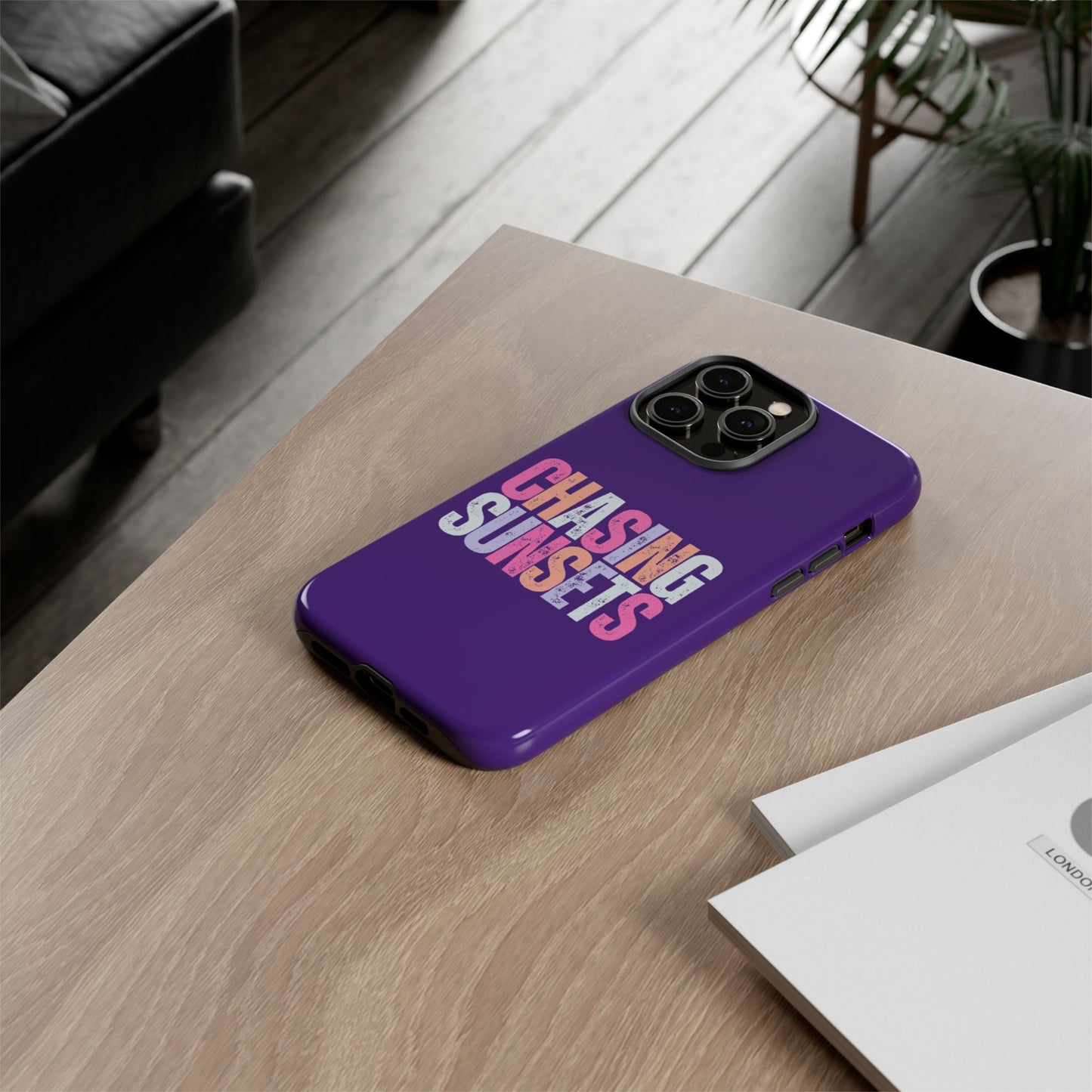 Chasing Sunsets Phone Case, Trendy Phone Cover, Sunset Lover Gift, Cool Accessories, Custom Phone Cases, Vibrant Purple Design
