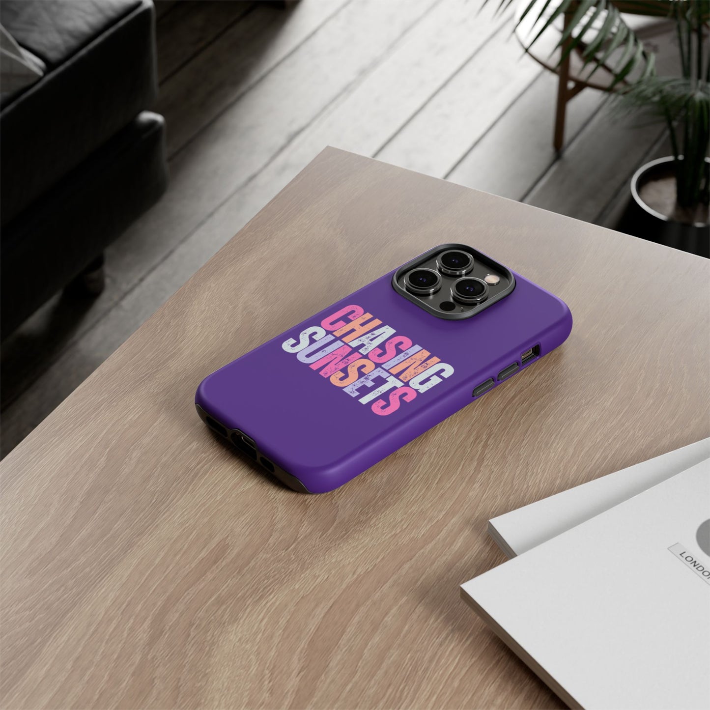 Chasing Sunsets Phone Case, Trendy Phone Cover, Sunset Lover Gift, Cool Accessories, Custom Phone Cases, Vibrant Purple Design