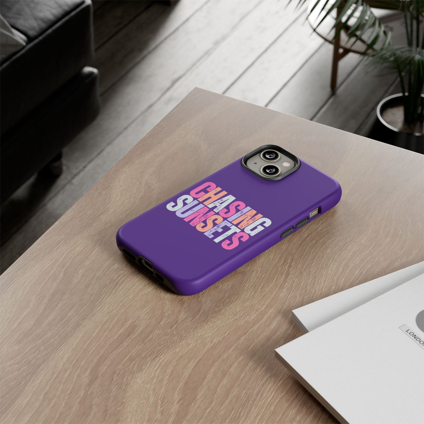 Chasing Sunsets Phone Case, Trendy Phone Cover, Sunset Lover Gift, Cool Accessories, Custom Phone Cases, Vibrant Purple Design