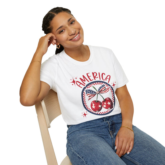 Patriotic Cherry T-Shirt, Unisex Tee for 4th of July, Independence Day Shirt, Summer BBQ Wear, USA Pride Apparel