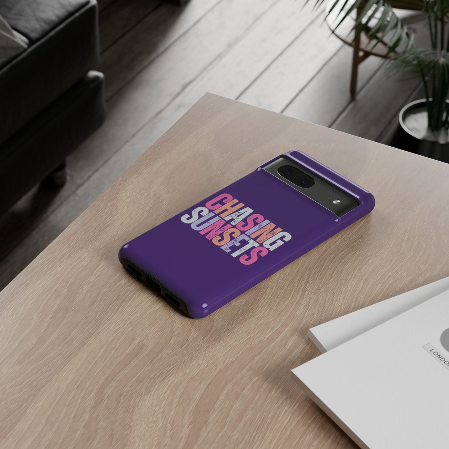 Chasing Sunsets Phone Case, Trendy Phone Cover, Sunset Lover Gift, Cool Accessories, Custom Phone Cases, Vibrant Purple Design