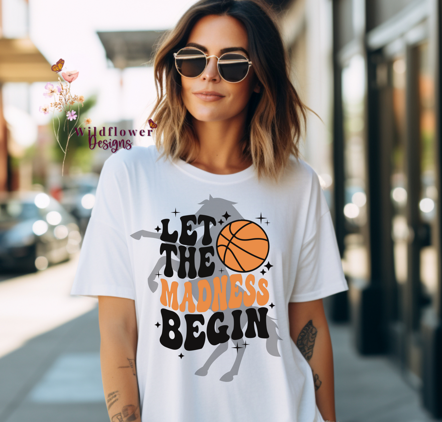 LET THE MUSTANG MADNESS BEGIN BASKETBALL TSHIRT